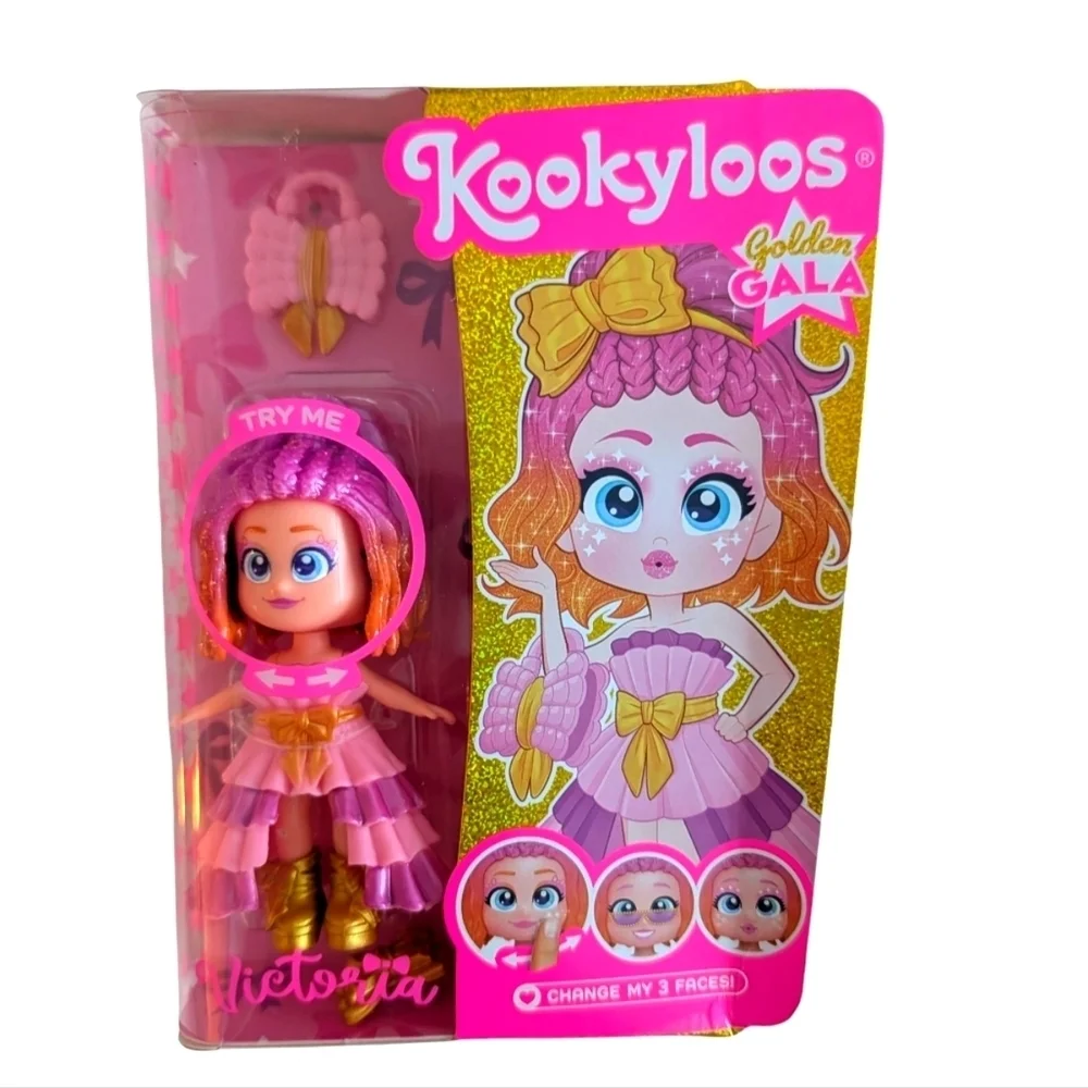 NWT KOOKYLOOS Golden Gala Doll Pink and Gold With 3 Faces Age 3+